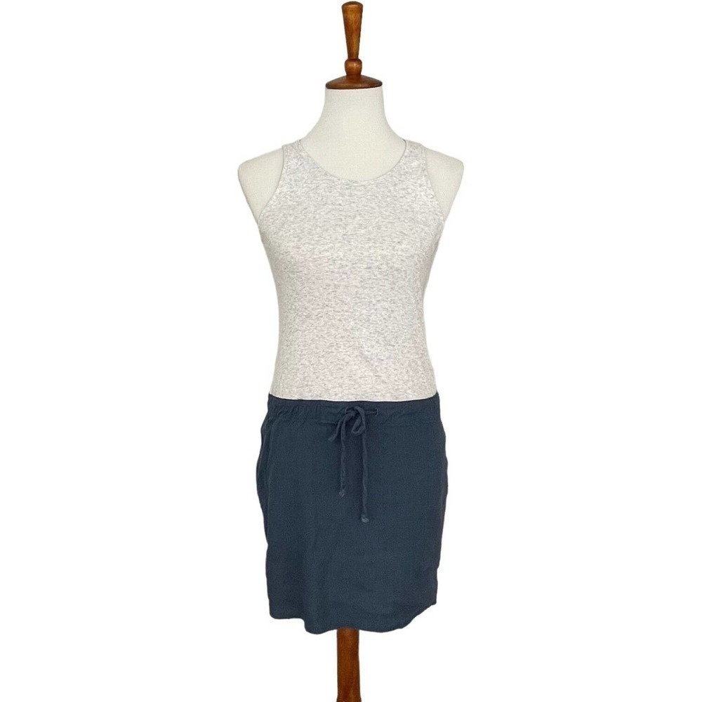 🍀Monrow Grey & Blue Ribbed Contrast Drawstring Waist Linen Tank Dress Size XS - Picture 1 of 8